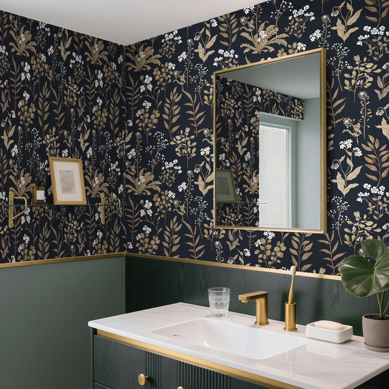 Abyssaly Black and Gold Wallpaper Dark Floral Peel and Stick Wallpaper Vintage Leaf Contact Paper Removable Self Adhesive Moody Botanical Vinyl Wrap for Bedroom Bathroom Shelf DIY Decor 17.3" x 118" - Image 2