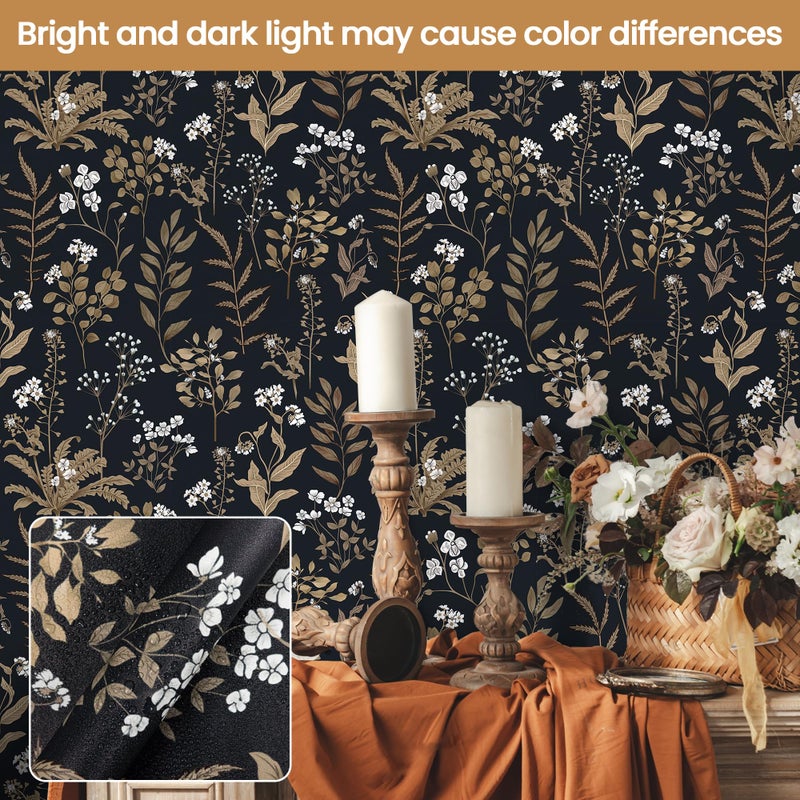 Abyssaly Black and Gold Wallpaper Dark Floral Peel and Stick Wallpaper Vintage Leaf Contact Paper Removable Self Adhesive Moody Botanical Vinyl Wrap for Bedroom Bathroom Shelf DIY Decor 17.3" x 118" - Image 4