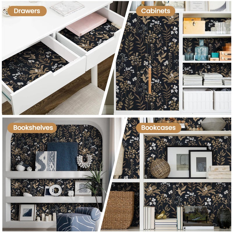 Abyssaly Black and Gold Wallpaper Dark Floral Peel and Stick Wallpaper Vintage Leaf Contact Paper Removable Self Adhesive Moody Botanical Vinyl Wrap for Bedroom Bathroom Shelf DIY Decor 17.3" x 118" - Image 5