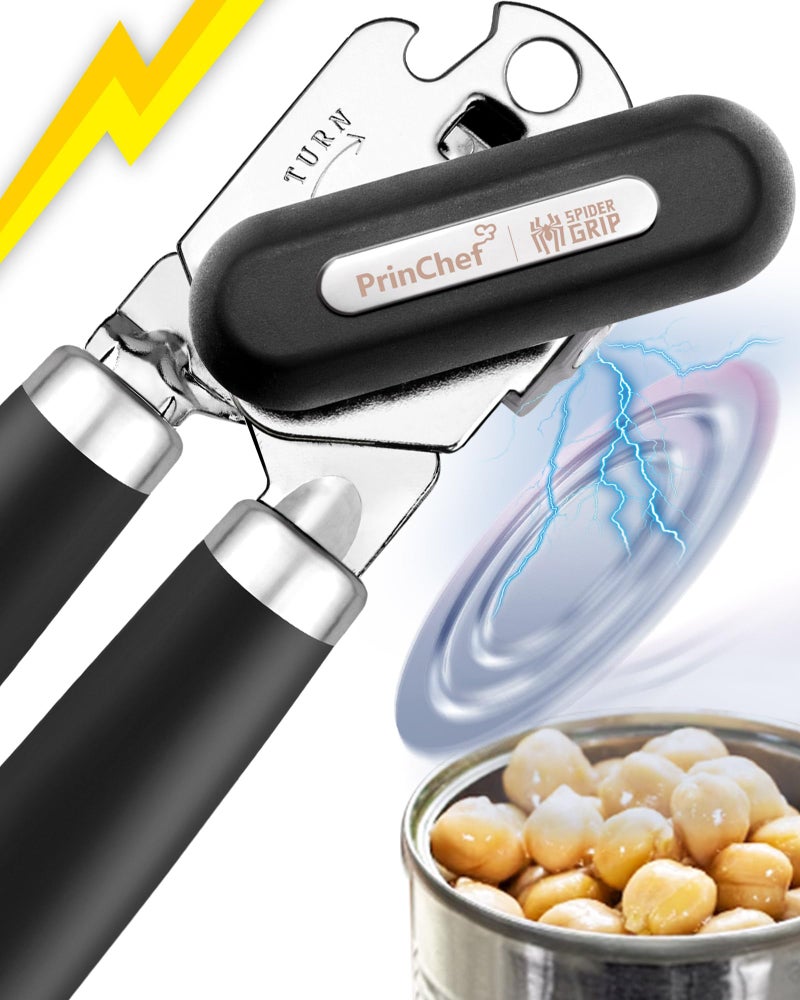 Upgraded PrinChef Can Opener Manual with Magnet Reinforced Gear and Blade Smooth Edge Can Openers for Seniors with Arthritis Comfortable Grip Handheld Can Cutter Bottle Opener with Magnet Black