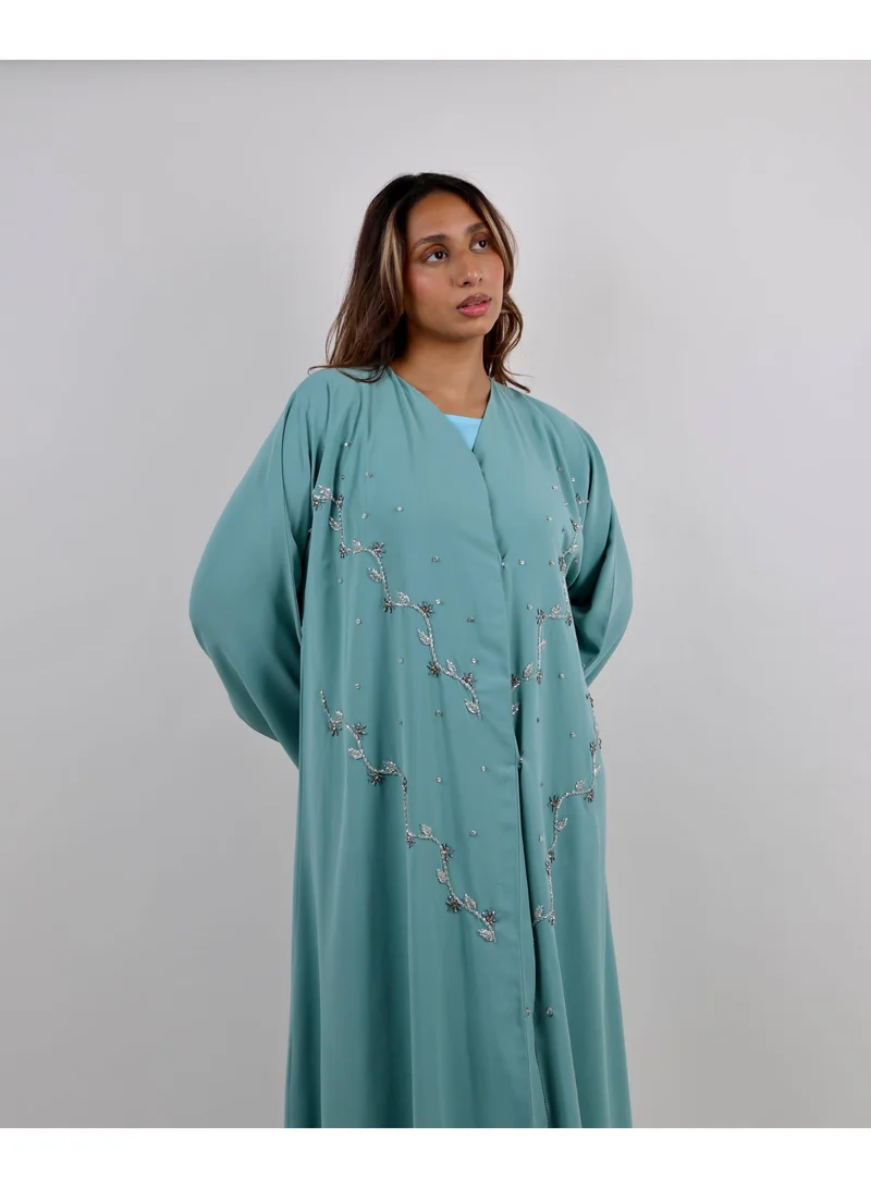 Open Front Mint Green Abaya with Floral Stone Embroidery