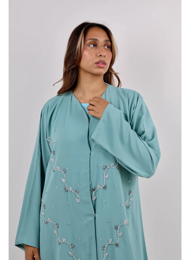 JAMEELA  Open Front Mint Green Abaya with Floral Stone Embroidery for Women | Best Price UAE