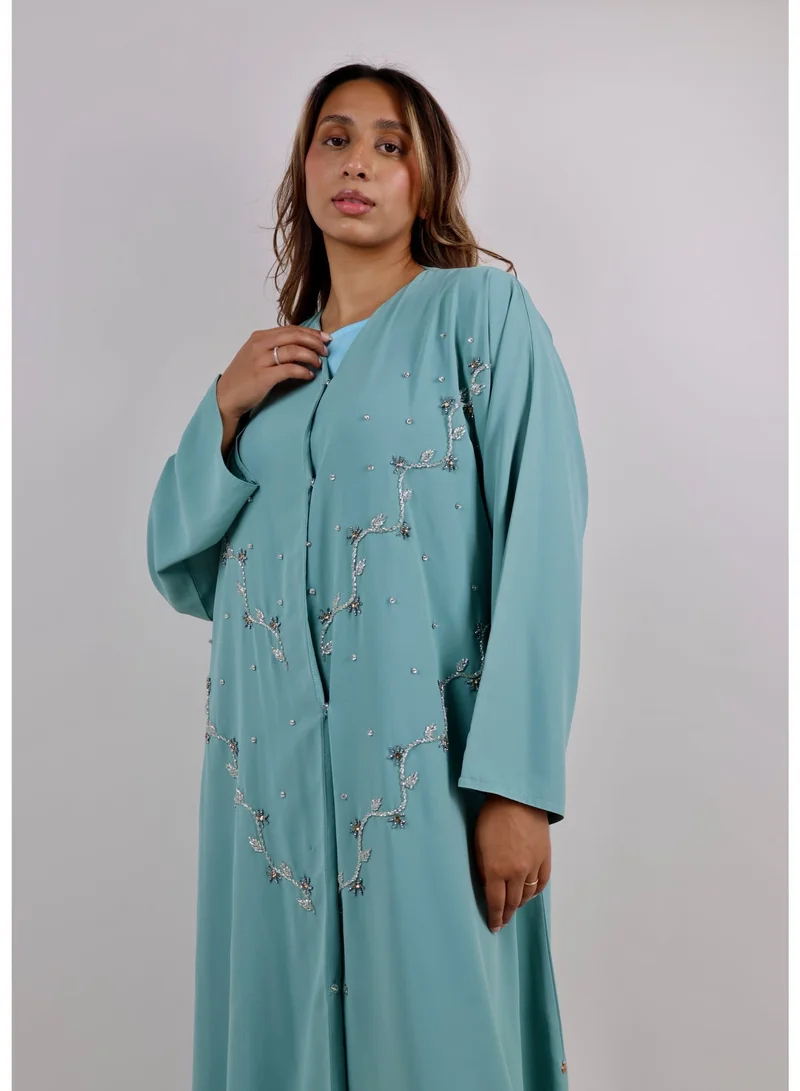 JAMEELA  Open Front Mint Green Abaya with Floral Stone Embroidery for Women | Best Price UAE