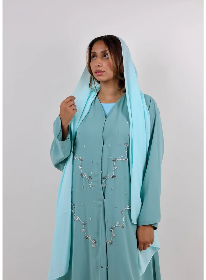 JAMEELA  Open Front Mint Green Abaya with Floral Stone Embroidery for Women | Best Price UAE