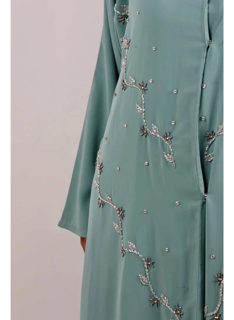 JAMEELA  Open Front Mint Green Abaya with Floral Stone Embroidery for Women | Best Price UAE