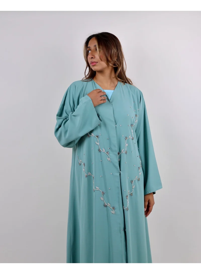 JAMEELA  Open Front Mint Green Abaya with Floral Stone Embroidery for Women | Best Price UAE