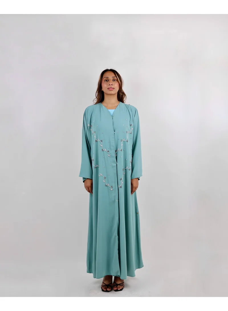 JAMEELA  Open Front Mint Green Abaya with Floral Stone Embroidery for Women | Best Price UAE
