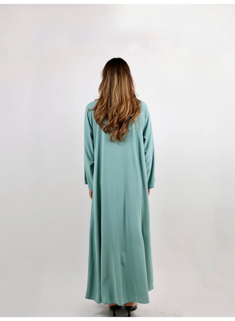 JAMEELA  Open Front Mint Green Abaya with Floral Stone Embroidery for Women | Best Price UAE