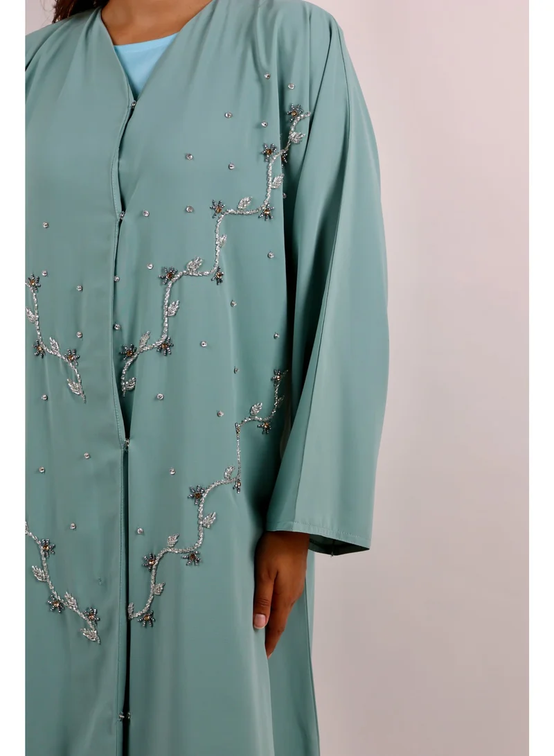 JAMEELA  Open Front Mint Green Abaya with Floral Stone Embroidery for Women | Best Price UAE