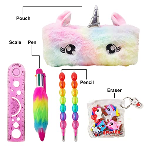 PARTEET Unicorn (Combo of 6 Items) 1 Fur Pouch, 1 Fer Pen, 2 Pencils, 1 Scale and 1 Packet Unicorn Eraser for Kids (Multicolor) - Image 2