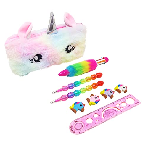 PARTEET Unicorn (Combo of 6 Items) 1 Fur Pouch, 1 Fer Pen, 2 Pencils, 1 Scale and 1 Packet Unicorn Eraser for Kids (Multicolor) - Image 1