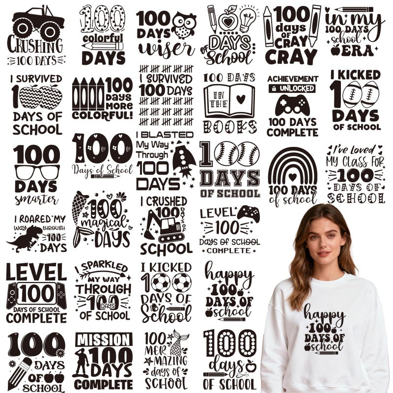 Shejdgart Dtf Transfers Ready to Press - 30 Pcs 100th Day of School Sport Iron on Transfers for T-Shirts, Back to School Pen Car Iron on Patches Heat Transfer Vinyl Decals for DIY Fabric Clothes Decor - Image 1