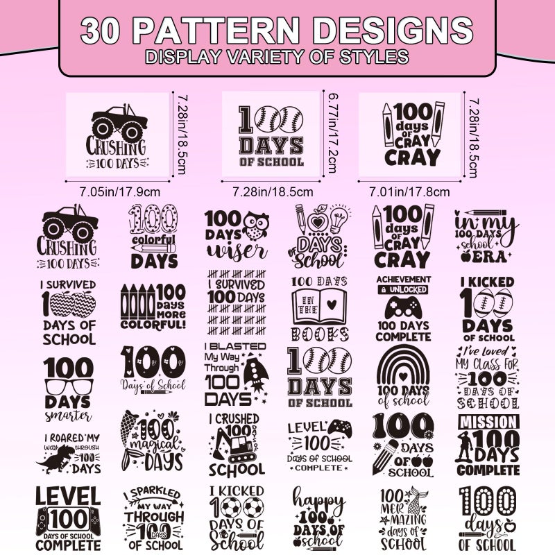 Shejdgart Dtf Transfers Ready to Press - 30 Pcs 100th Day of School Sport Iron on Transfers for T-Shirts, Back to School Pen Car Iron on Patches Heat Transfer Vinyl Decals for DIY Fabric Clothes Decor - Image 2