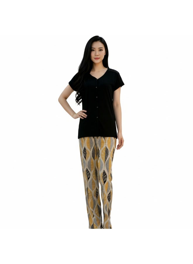 JOANNA Women's V-Neck Button Down Shirt & Trouser Pajama Set, Black/Beige Gold - Image 2