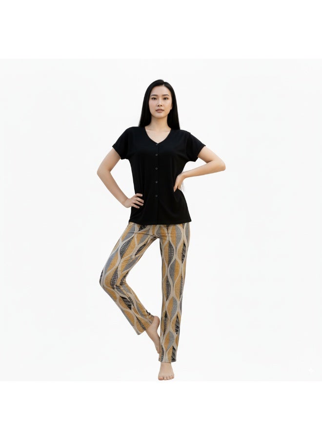 JOANNA Women's V-Neck Button Down Shirt & Trouser Pajama Set, Black/Beige Gold - Image 5