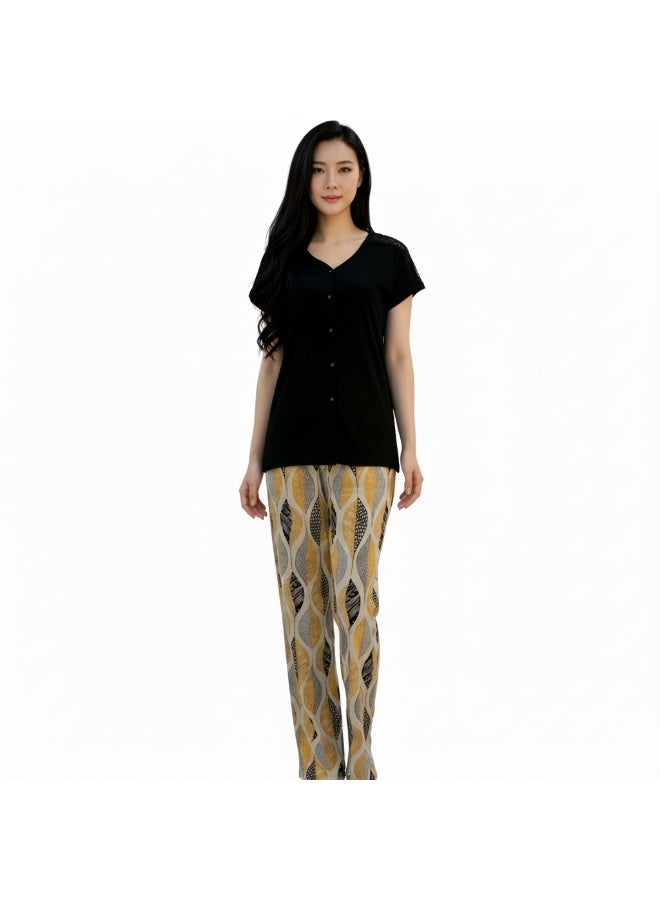 JOANNA Women's V-Neck Button Down Shirt & Trouser Pajama Set, Black/Beige Gold - Image 1