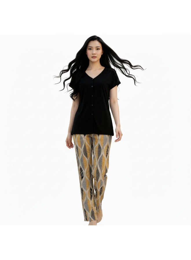 JOANNA Women's V-Neck Button Down Shirt & Trouser Pajama Set, Black/Beige Gold - Image 3