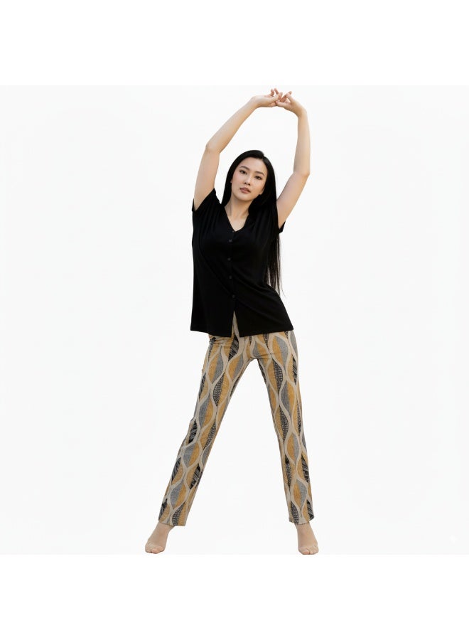 JOANNA Women's V-Neck Button Down Shirt & Trouser Pajama Set, Black/Beige Gold - Image 4