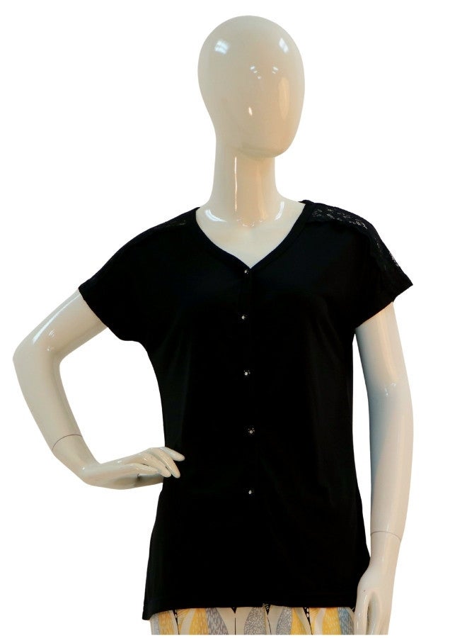 JOANNA JOANNA Women's V-Neck Button Down Shirt & Trouser Pajama Set, Black/Beige Gold  - Image 2