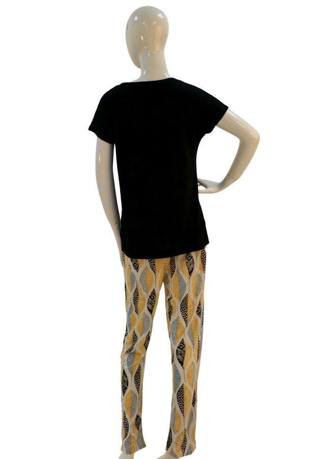JOANNA JOANNA Women's V-Neck Button Down Shirt & Trouser Pajama Set, Black/Beige Gold  - Image 5