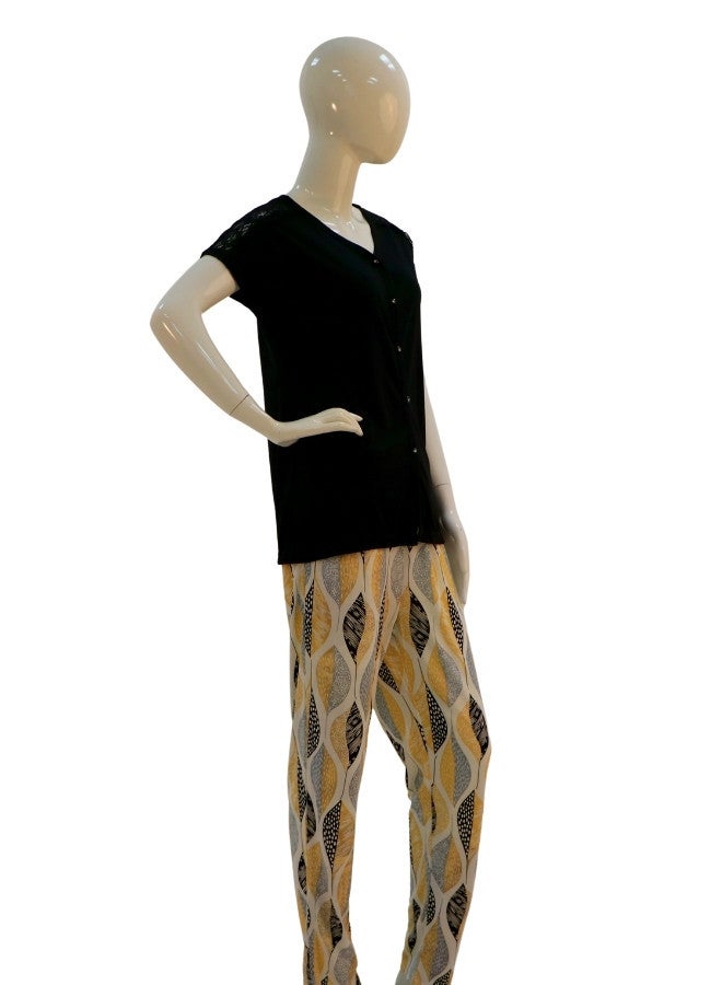JOANNA JOANNA Women's V-Neck Button Down Shirt & Trouser Pajama Set, Black/Beige Gold  - Image 4