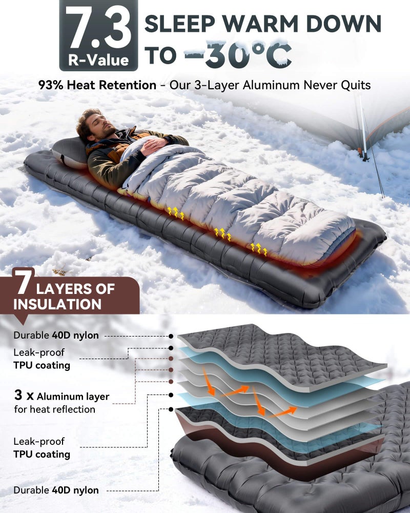 Hikenture 7.3 R-Value Camping Sleeping Pad, 4â€ Insulated Camping Mat with Foot Pump, Ultralight Backpacking Air Mattress for 4 Seasons, Inflatable Sleeping Mat for Outdoor, Hiking, Tent(1231-A1) - Image 2