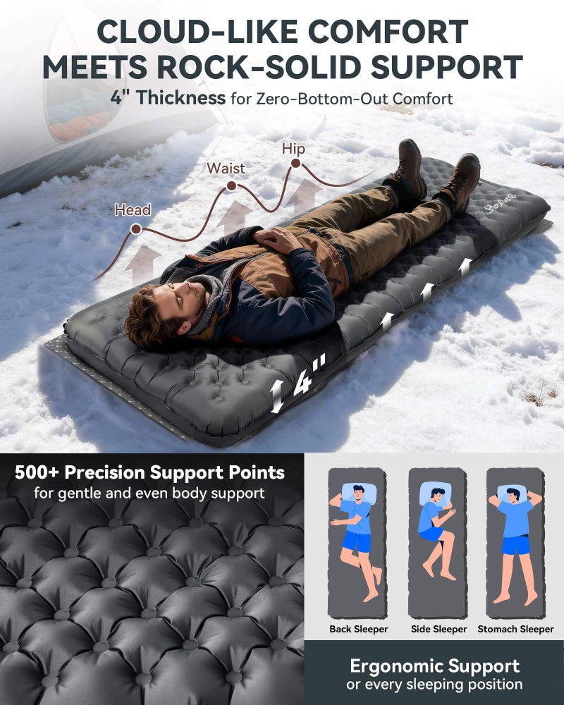Hikenture 7.3 R-Value Camping Sleeping Pad, 4â€ Insulated Camping Mat with Foot Pump, Ultralight Backpacking Air Mattress for 4 Seasons, Inflatable Sleeping Mat for Outdoor, Hiking, Tent(1231-A1) - Image 3