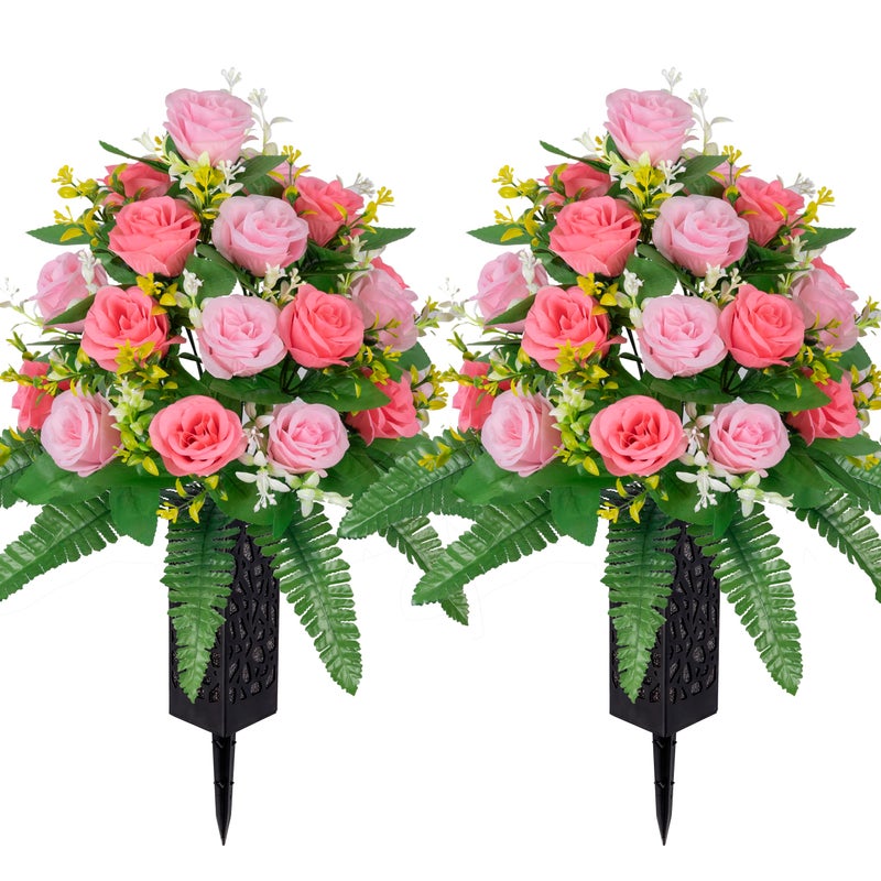 MOOMASS Artificial Cemetery Flowers â€“ Grave Decorations, Cemetery Flowers for Grave Vase, Artificial Rose, Silk Flowers for Long-Lasting Remembrance(Pink+Light Pink, 2 Bouquets) - Image 1