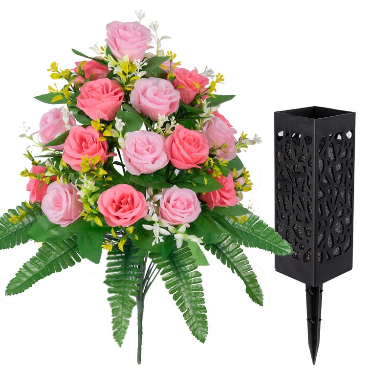 MOOMASS Artificial Cemetery Flowers â€“ Grave Decorations, Cemetery Flowers for Grave Vase, Artificial Rose, Silk Flowers for Long-Lasting Remembrance(Pink+Light Pink, 2 Bouquets) - Image 4