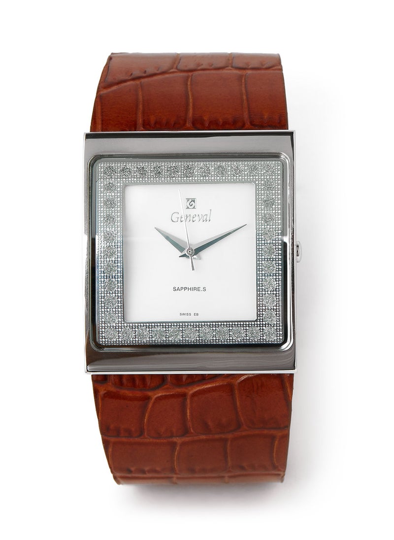 Geneval of Switzerland Leather Strap Analog Wrist Watch GLS044WWL - 34mm - Light Brown  - Image 1