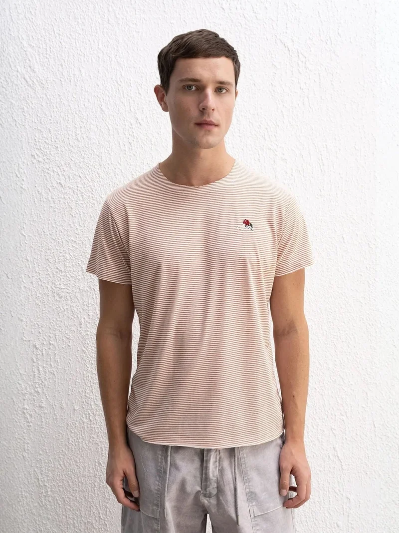 Giesto GIESTO Striped Embroidered Crew Neck T-Shirt