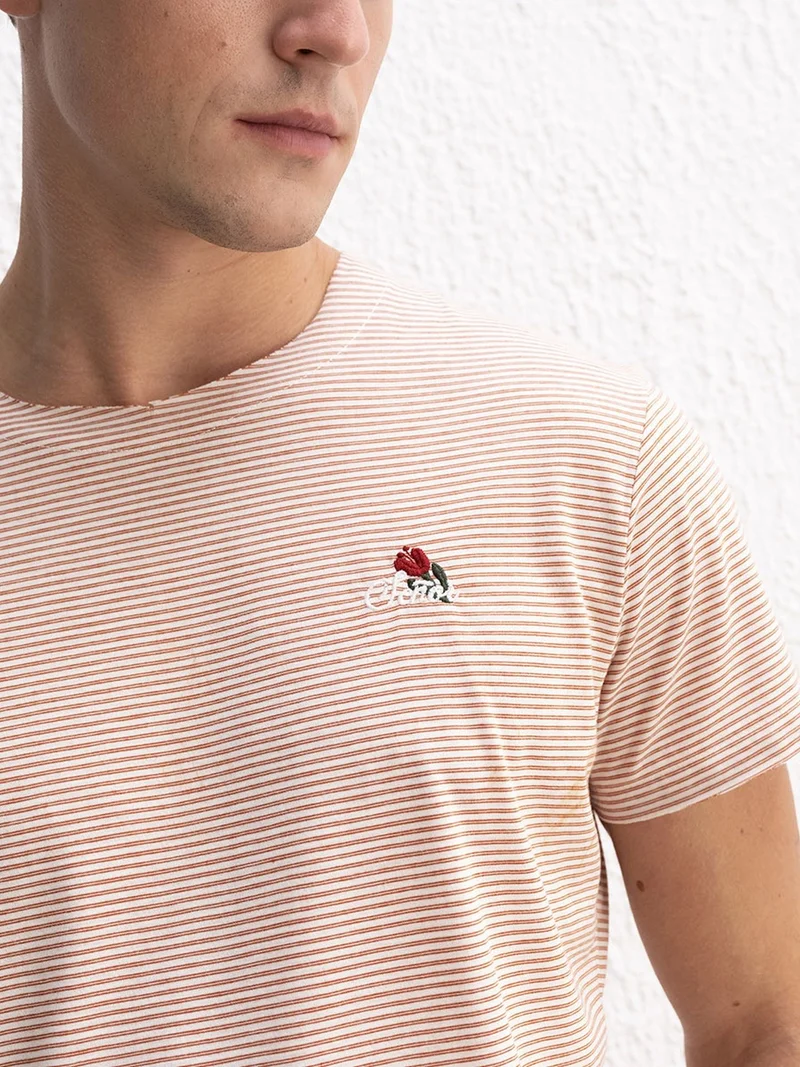 Giesto Brick Red GIESTO Striped Embroidered Crew Neck T-Shirt for Men | Best Price UAE