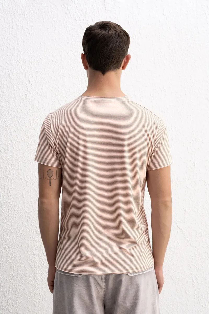 Giesto Brick Red GIESTO Striped Embroidered Crew Neck T-Shirt for Men | Best Price UAE