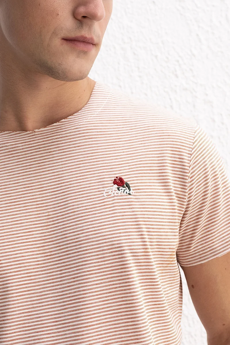 Giesto Brick Red GIESTO Striped Embroidered Crew Neck T-Shirt for Men | Best Price UAE