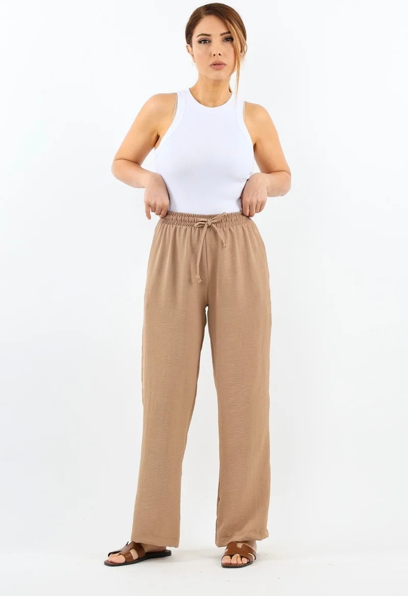 ريتنيس Women's Relaxed Beige Elastic Waist Straight Cut Pocket Ayrobin Trousers