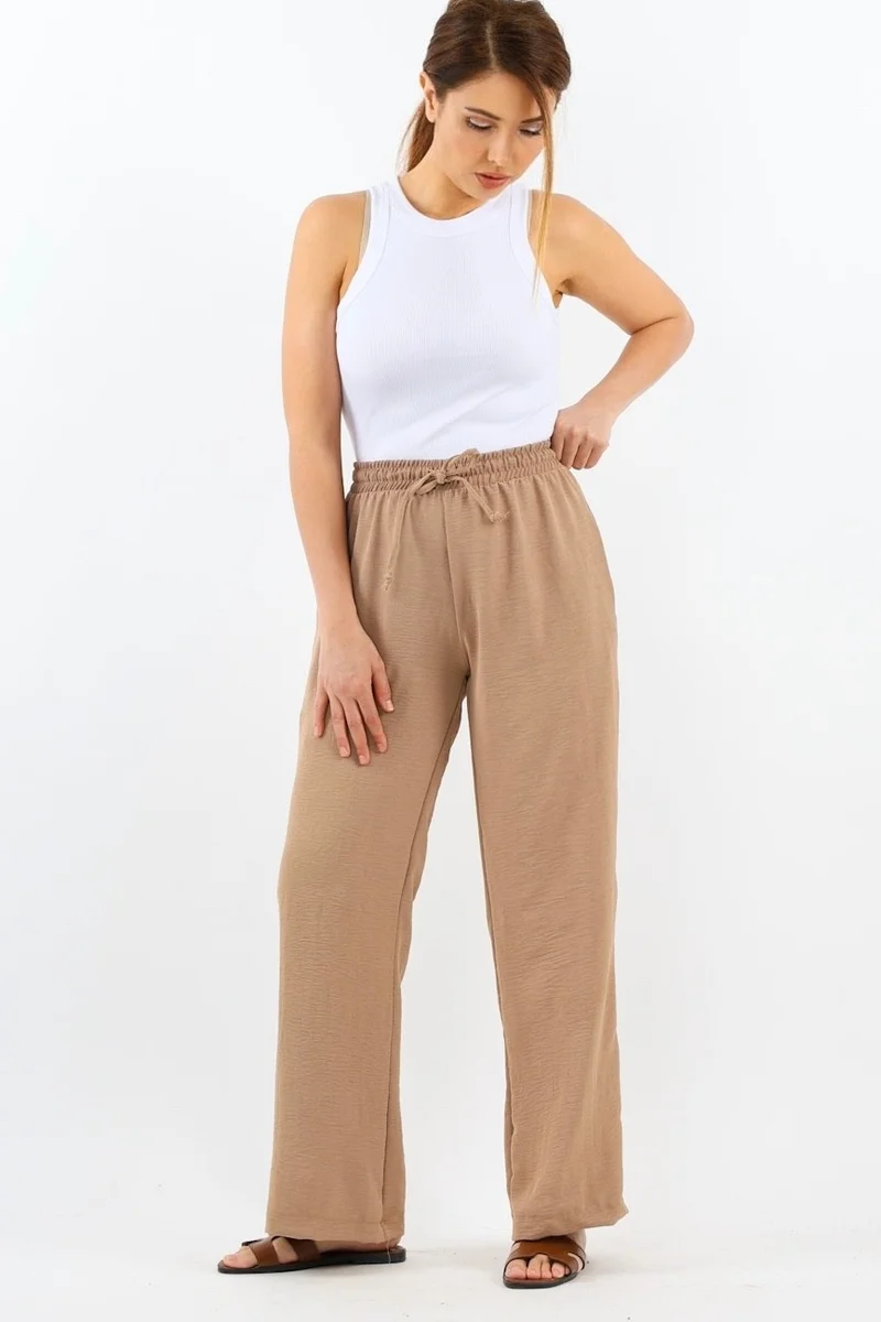ريتنيس Women's Relaxed Beige Elastic Waist Straight Cut Pocket Ayrobin Trousers