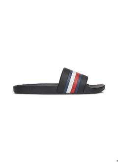 TOMMY HILFIGER Men's Signature Tape Pool Slides, Black - faux leather  - Image 1