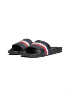 TOMMY HILFIGER Men's Signature Tape Pool Slides, Black - faux leather  - Image 3