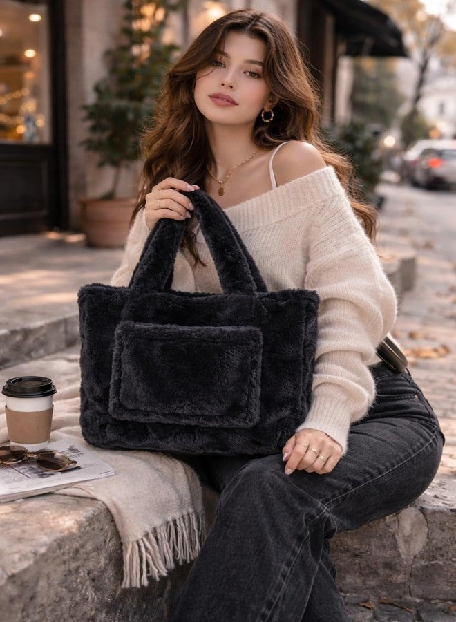 CULT FACTORY Stylish Black Hand Bag for Women Big Size Luxury Handbag Fur Fancy Purse for Women Wear (Black) - Image 5