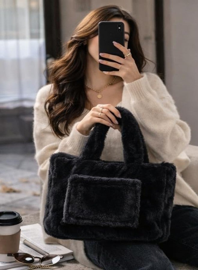 CULT FACTORY Stylish Black Hand Bag for Women Big Size Luxury Handbag Fur Fancy Purse for Women Wear (Black) - Image 4
