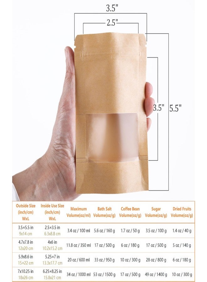 Kingrol 300 Pack 3.5 x 5.5 Inch Mini Kraft Paper Bags with Resealable Lock Seal Zipper &Transparent Window, Stand Up Food Bags - Image 3