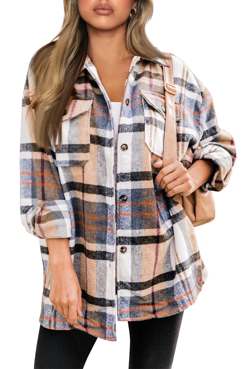 AUTOMET Shackets for Women Plaid Flannel Shirts Fall Winter Jackets Cute Tops Trendy Western Cowgirl Outfits Girls Coats Bluebrown S - Image 1
