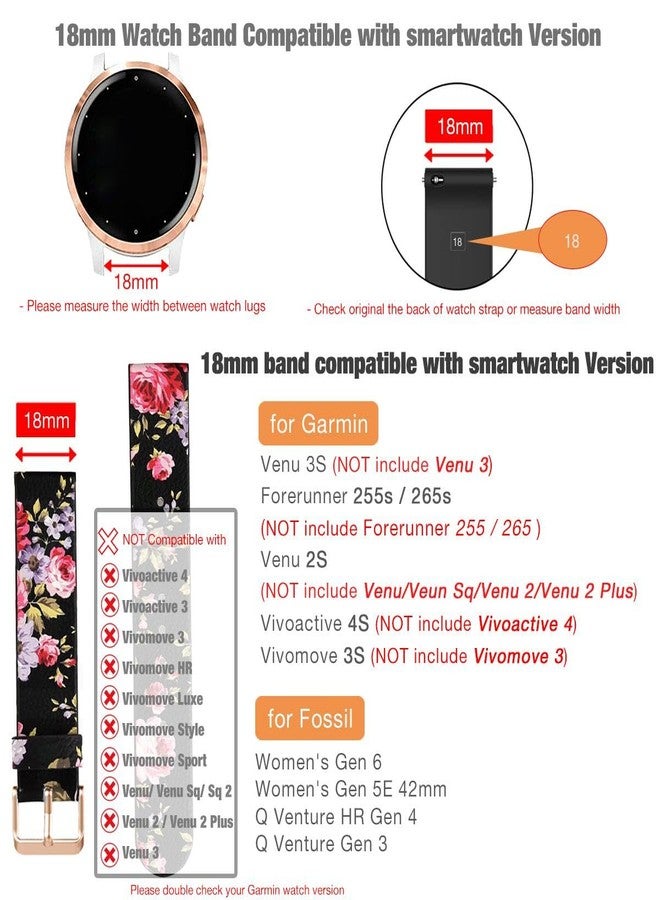 Abanen 18mm Leather Watch Bands for Garmin Vivoactive 4S / Venu 2S / Venu 3S / Vivomove 3S, Floral Printing Quick Release Women Wristband Strap with Rose-Gold Clasp for Forerunner 255s/265s (Black) - Image 2