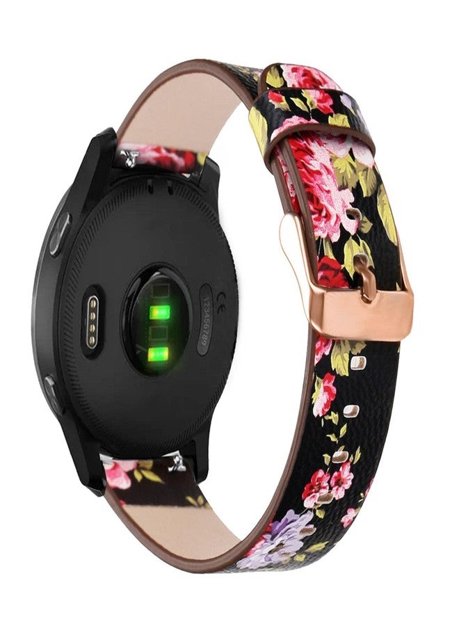 Abanen 18mm Leather Watch Bands for Garmin Vivoactive 4S / Venu 2S / Venu 3S / Vivomove 3S, Floral Printing Quick Release Women Wristband Strap with Rose-Gold Clasp for Forerunner 255s/265s (Black) - Image 1