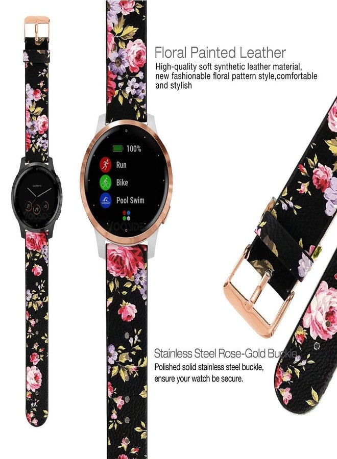 Abanen 18mm Leather Watch Bands for Garmin Vivoactive 4S / Venu 2S / Venu 3S / Vivomove 3S, Floral Printing Quick Release Women Wristband Strap with Rose-Gold Clasp for Forerunner 255s/265s (Black) - Image 4