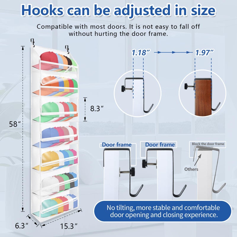 TOREAD 7-layer large capacity Hat Organizer, Hat Rack for Door With Dust Cover, Adjustable Hooks, And Transparent Visible Over The Door Hat Rack, Ideal for Home Organizatio - Image 2