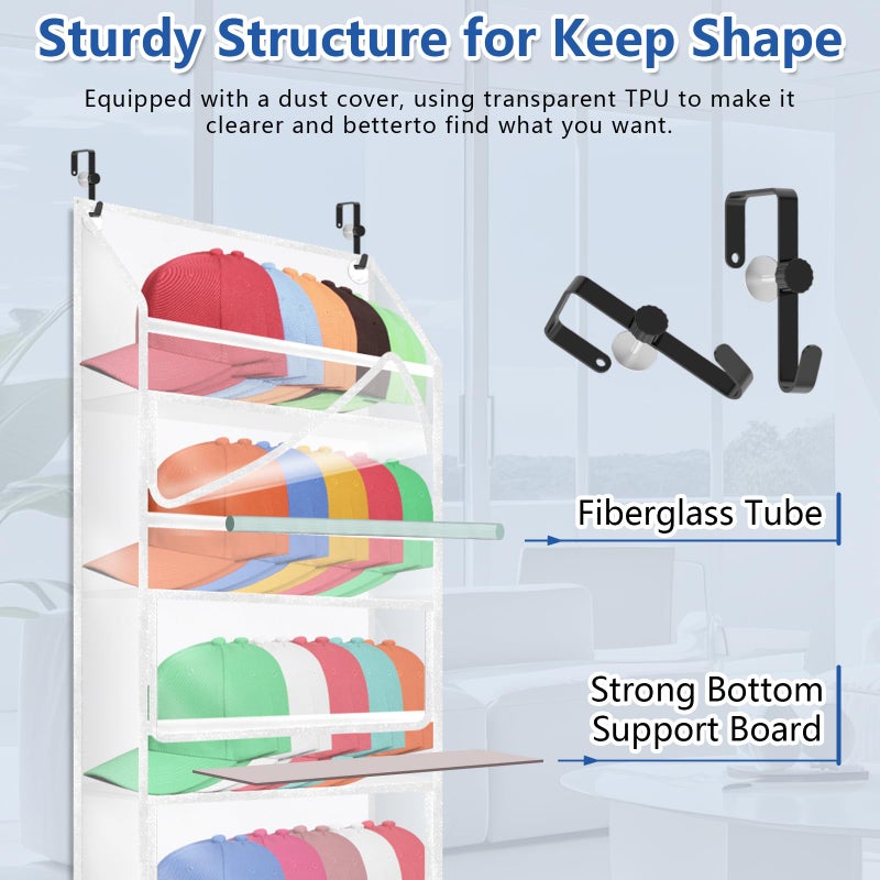 TOREAD 7-layer large capacity Hat Organizer, Hat Rack for Door With Dust Cover, Adjustable Hooks, And Transparent Visible Over The Door Hat Rack, Ideal for Home Organizatio - Image 5