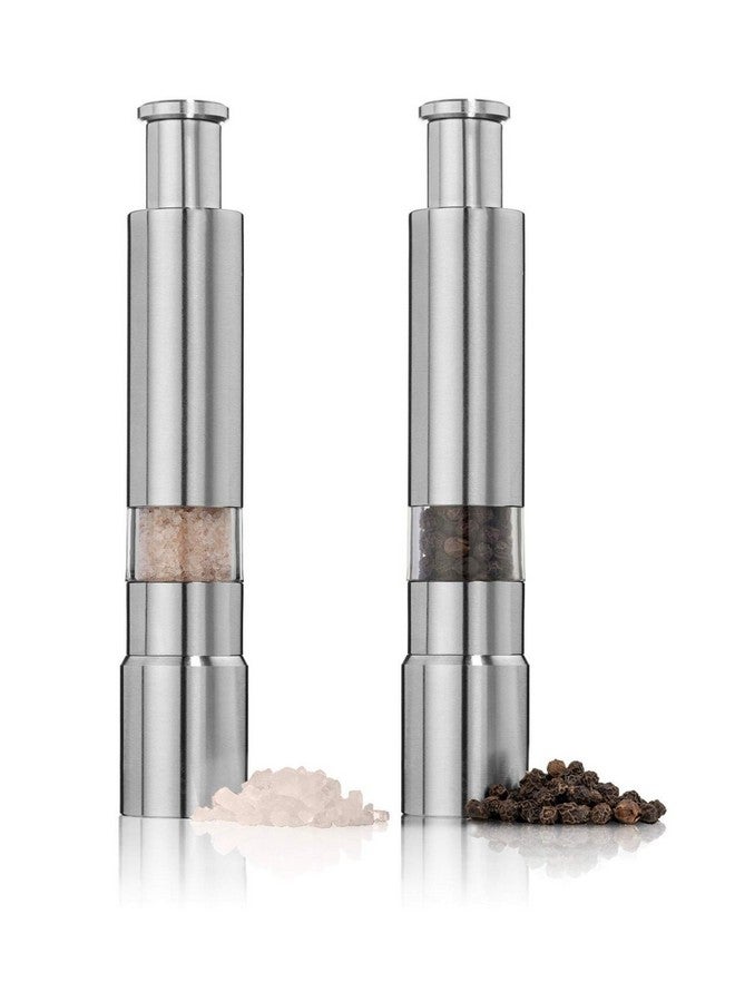 Keweis Salt and Pepper Grinder Set of 2,Stainless Steel Push Button Grinder Modern Design Thumb Grinder, for Black Pepper, Sea Salt and Himalayan Salt, Spice and Salt - Image 1