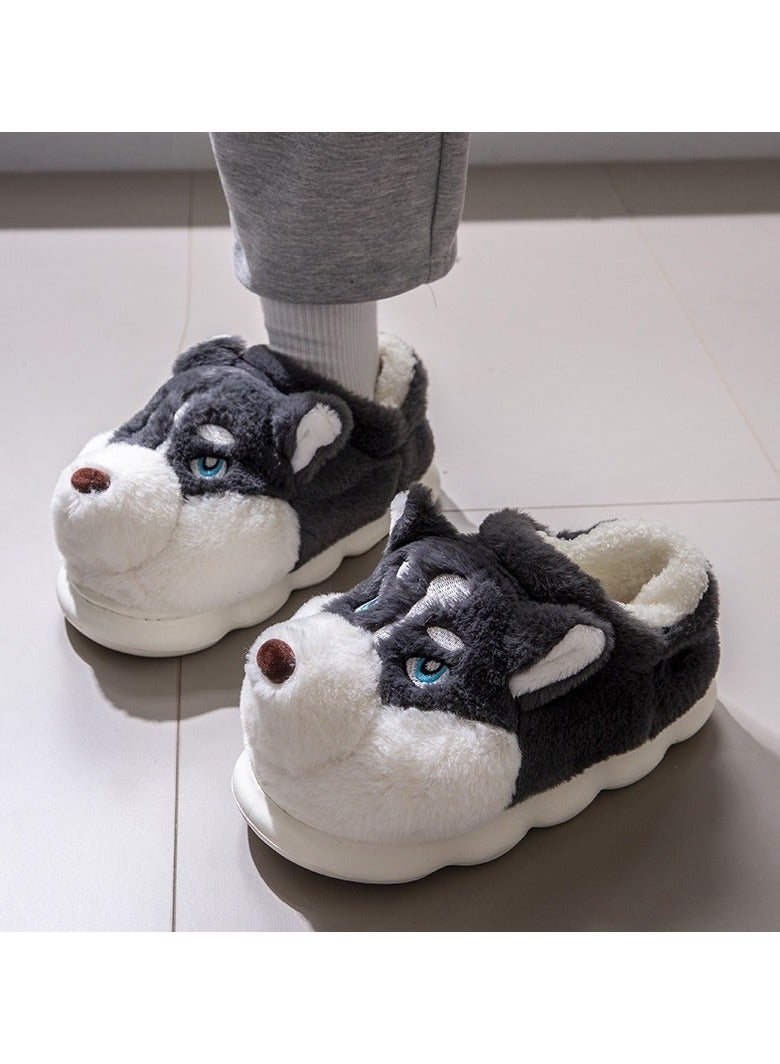 Style نعال هسكي محشوة على شكل كرتوني - نعال حيوانات مضادة للانزلاق - أحذية منزلية مريحة وناعمة - نعال كلب لطيفة لفصل الخريف والشتاء