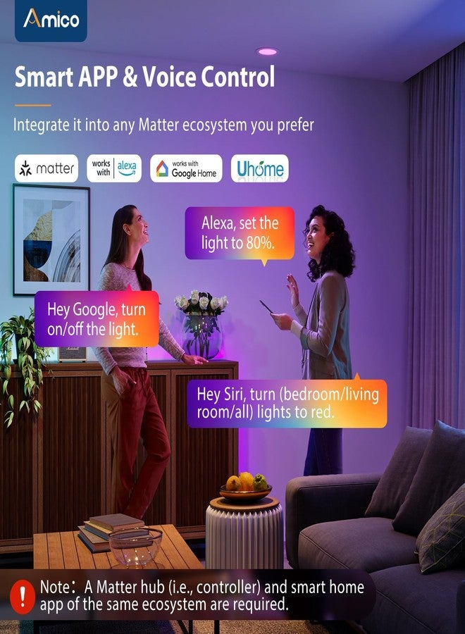 أميكو مجموعة مصابيح Amico الذكية المدمجة بتقنية الواي فاي، مقاس 5/6 بوصة، مزودة بإضاءة LED متغيرة الألوان RGBCW، قابلة للتعديل، تحكم صوتي وتطبيق، 12 واط (ما يعادل 110 واط) 1100 لومن، متوافقة مع Alexa وGoogle، حاصلة على شهادات ACK وIC وETL. - Image 3